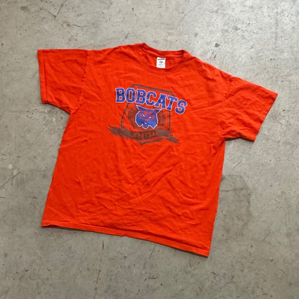 Jerzees Mens XL Orange Bobcats Central Graphic T-Shirt Heavyweight Cotton Tee